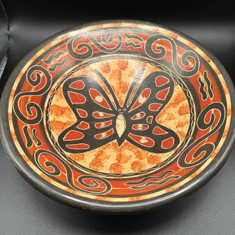 Hand Painted Tripod Bowl Butterfly Folk Art Terracotta Mexican Pottery Boho Vtg.